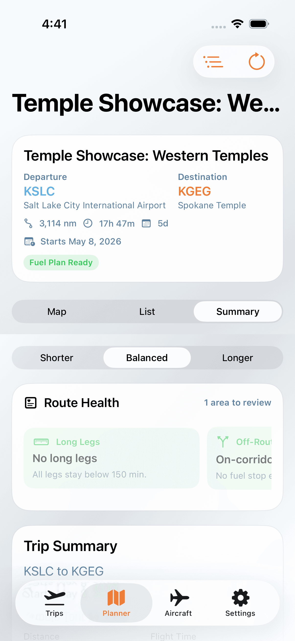 AeroTrail trip summary on iPhone