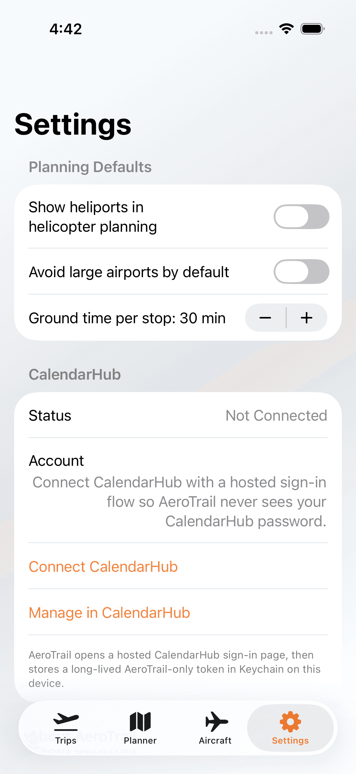 AeroTrail settings showing export context