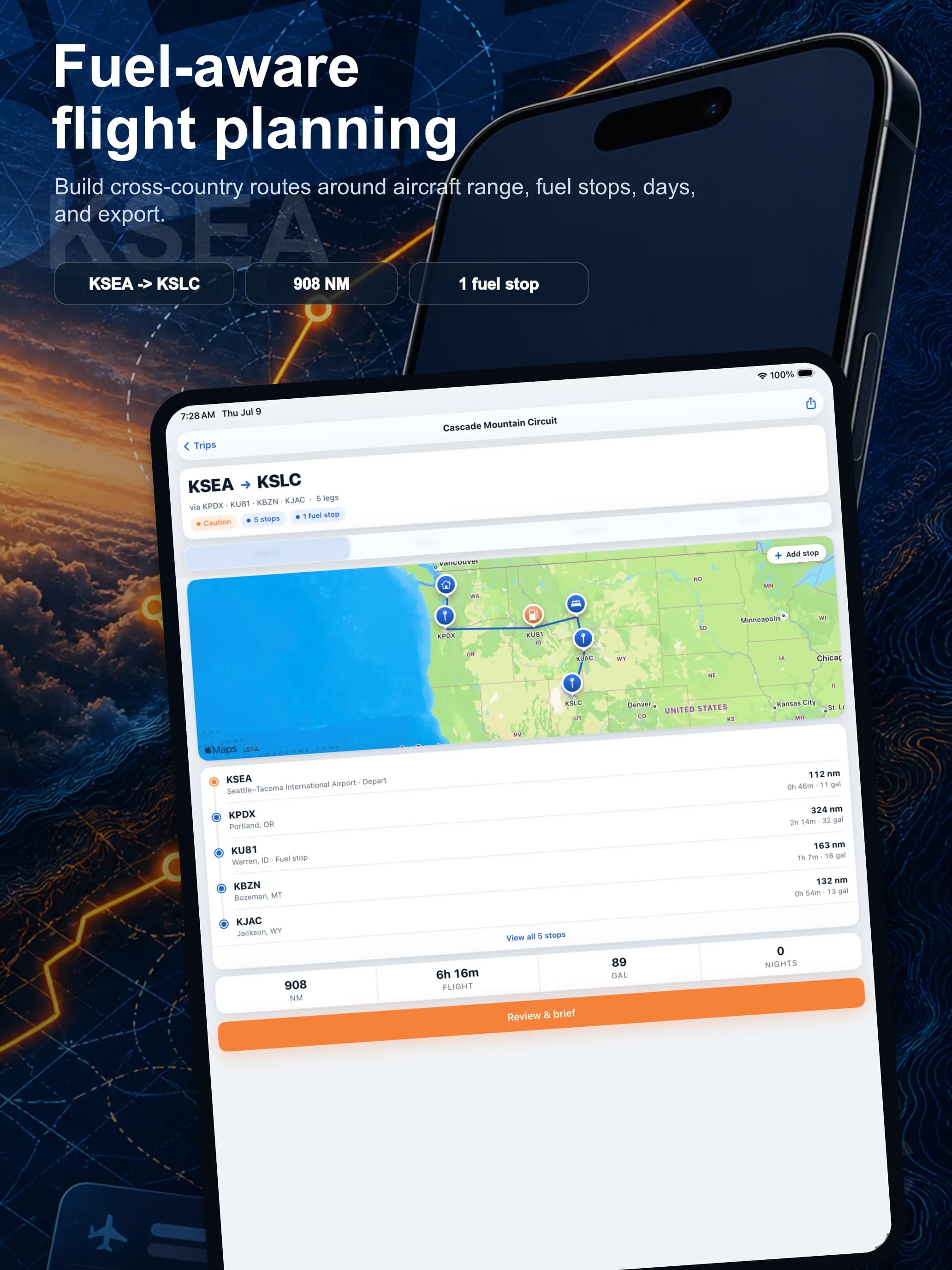 AeroTrail fuel-aware cross-country planning workspace on iPad