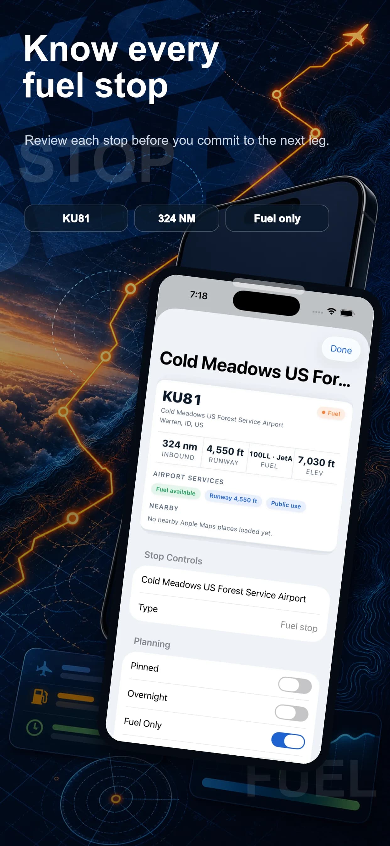AeroTrail fuel stop detail with airport and runway information on iPhone