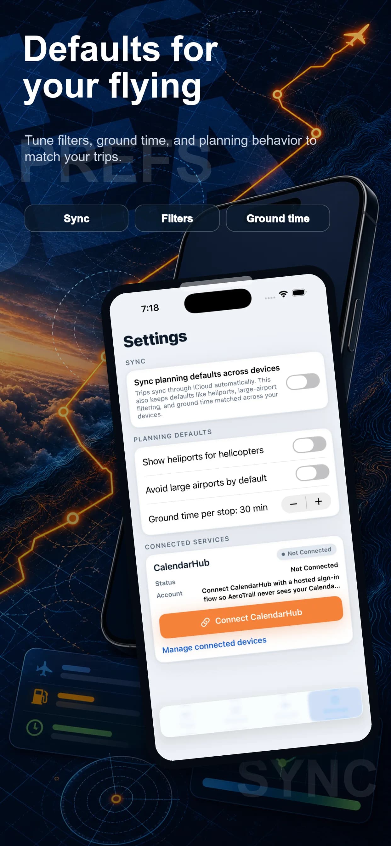 AeroTrail planning defaults and connected-services settings on iPhone