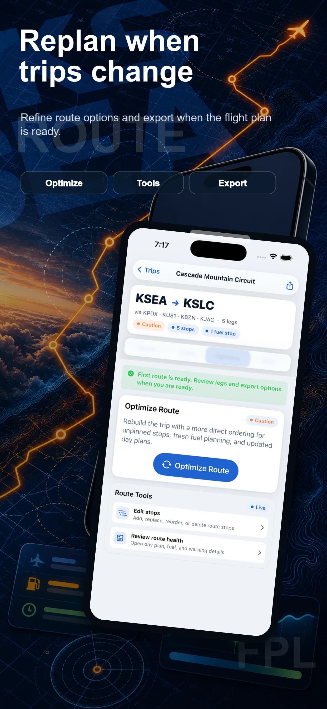 AeroTrail optimization tools for refining a route on iPhone